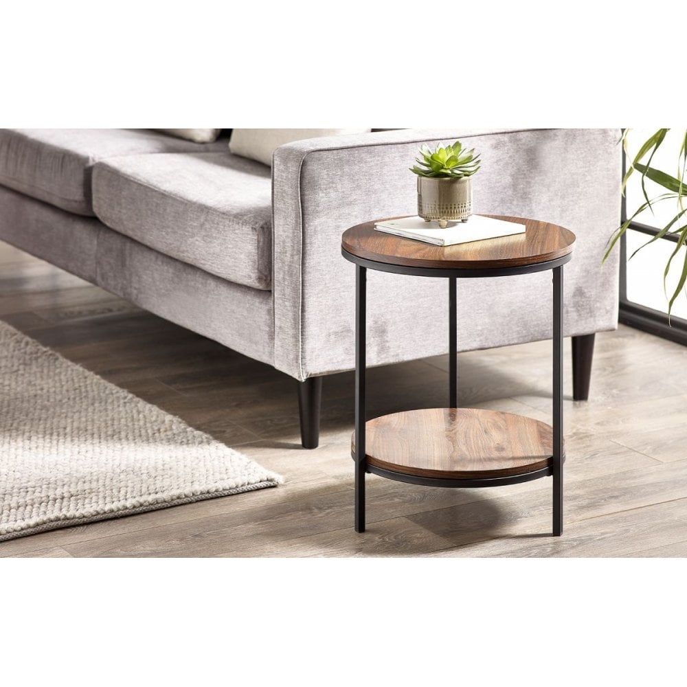 Tribeca Circular Lamp Table With Shelf - Walnut