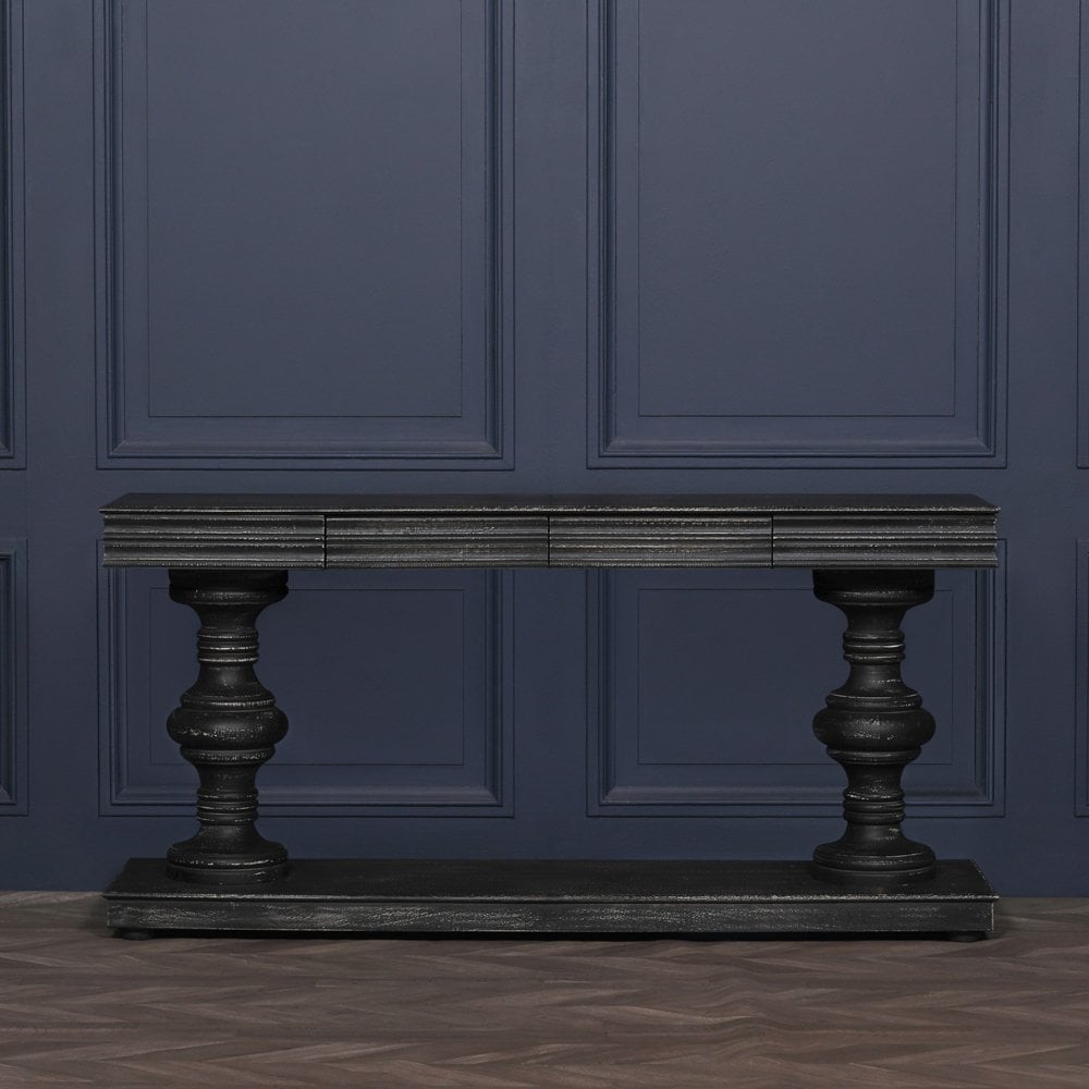 180cm Black Distressed Console Table with Drawers
