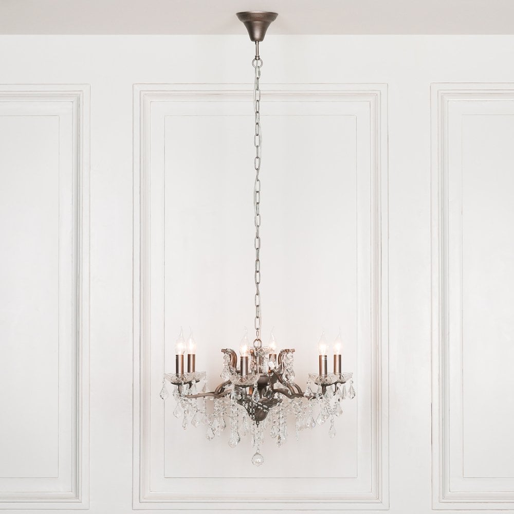 Antique Silver 6 Branch Shallow Cut Glass Chandelier