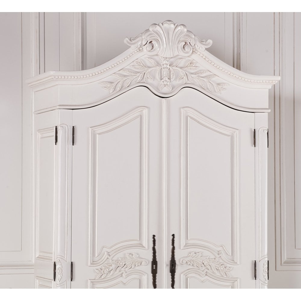 Wooden Carved French Chateau White Double Armoire