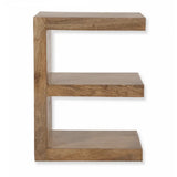 Three tier solid wood side table with natural finish, side view
