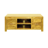 Solid wood TV unit with two drawers, open shelves, and metal handles, front view