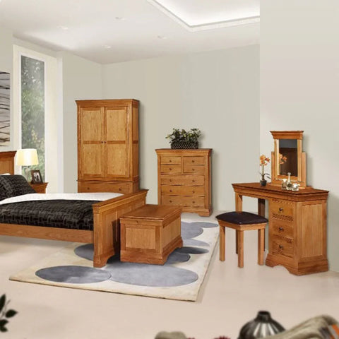 Buy solid wood bedroom furniture set online, wooden bed, wardrobe, chest, dresser vanity