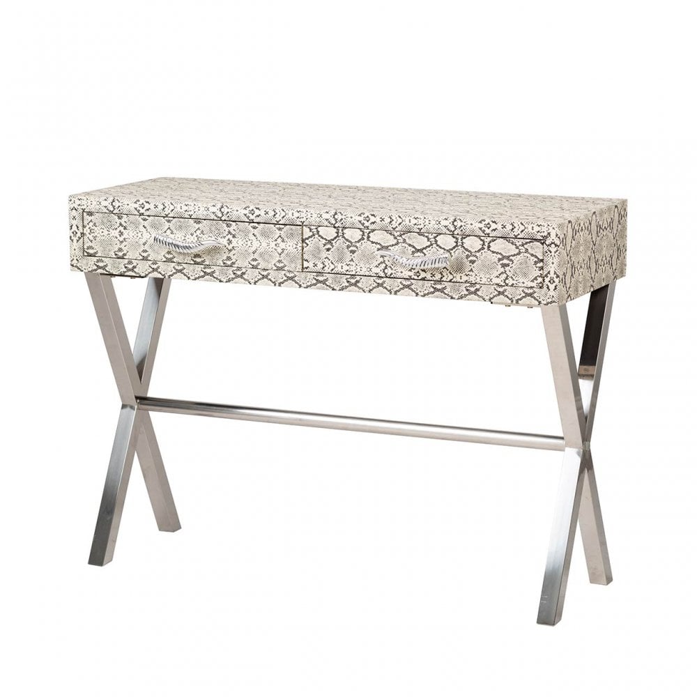 Faux Snake Leather 2 Drawer Console Table Black and White-Horn Handle