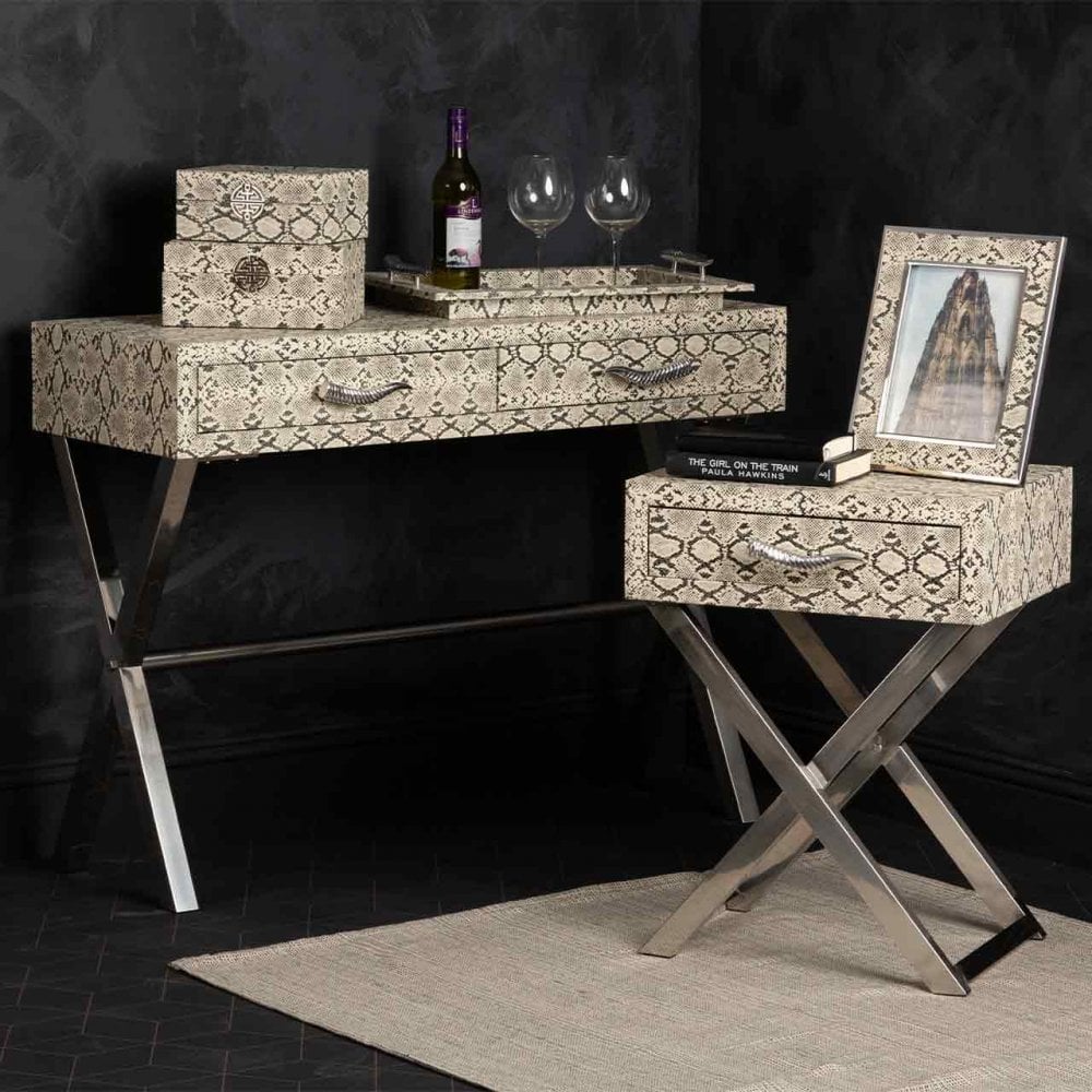 Faux Snake Leather 2 Drawer Console Table Black and White-Horn Handle