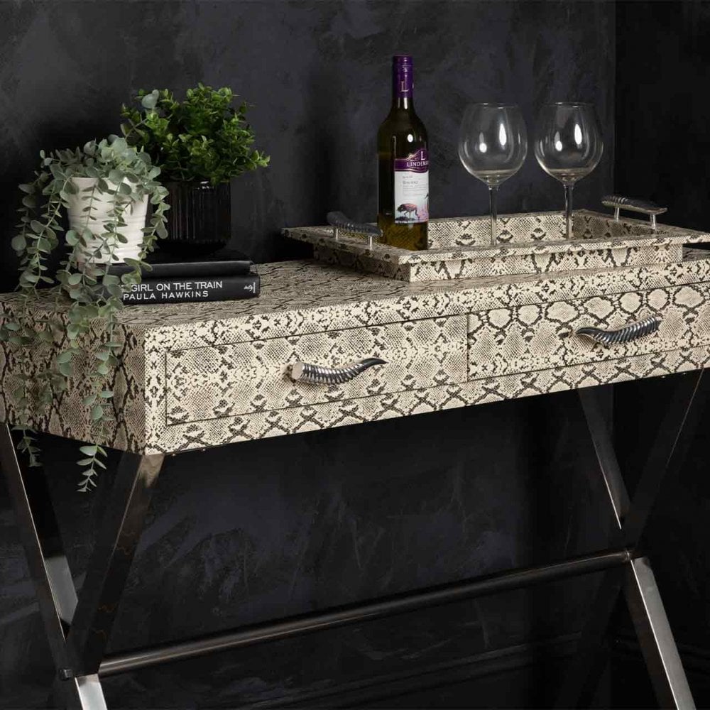 Faux Snake Leather 2 Drawer Console Table Black and White-Horn Handle