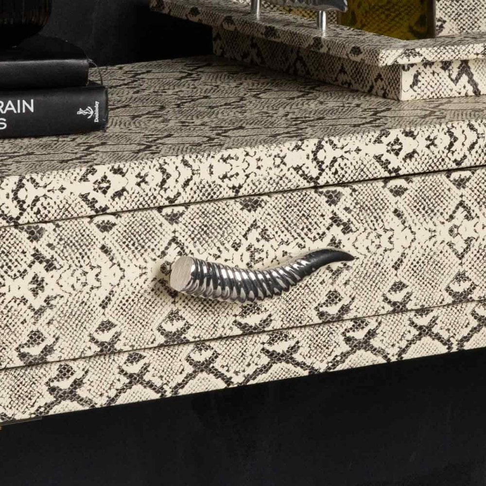 Faux Snake Leather 2 Drawer Console Table Black and White-Horn Handle