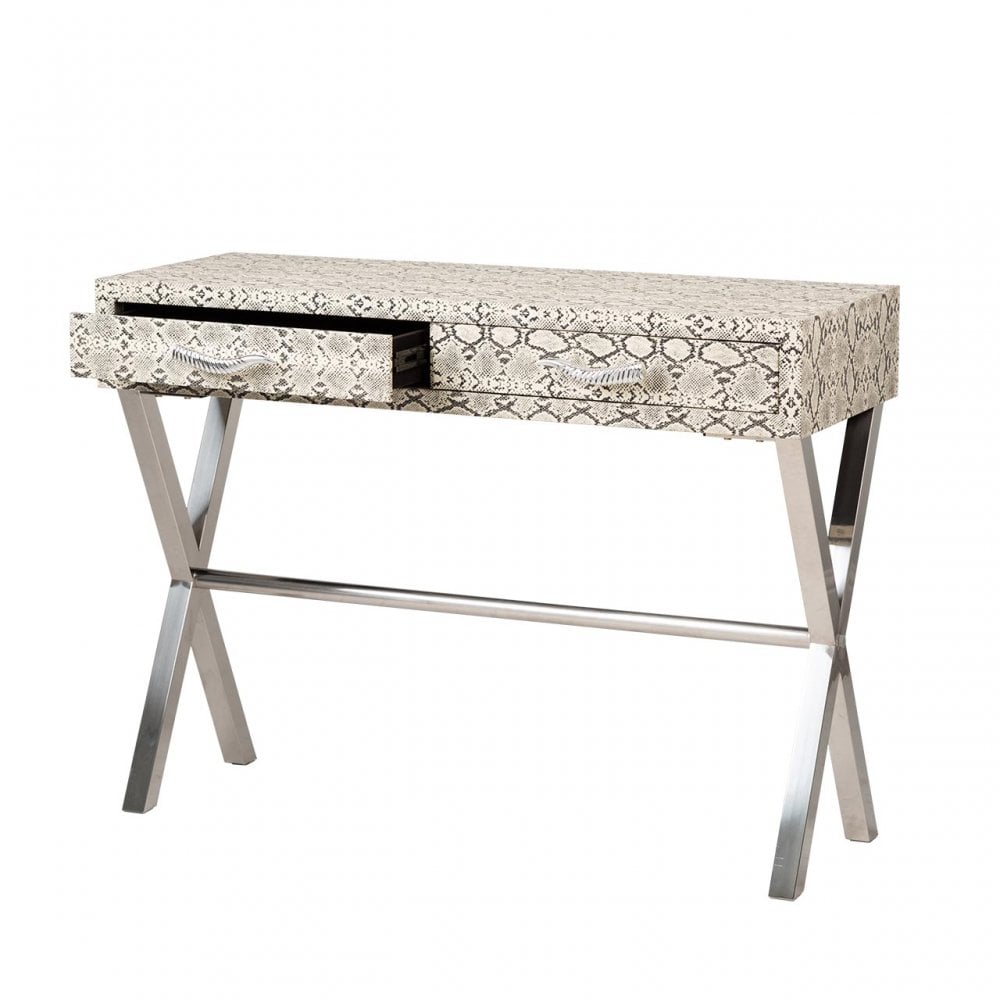 Faux Snake Leather 2 Drawer Console Table Black and White-Horn Handle