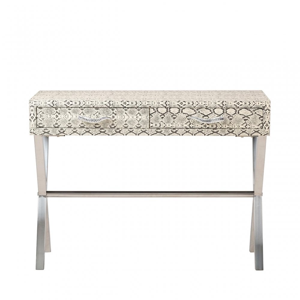 Faux Snake Leather 2 Drawer Console Table Black and White-Horn Handle