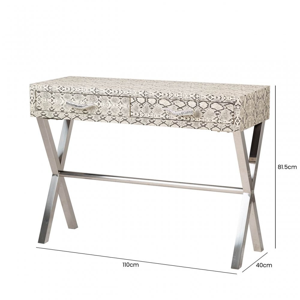 Faux Snake Leather 2 Drawer Console Table Black and White-Horn Handle