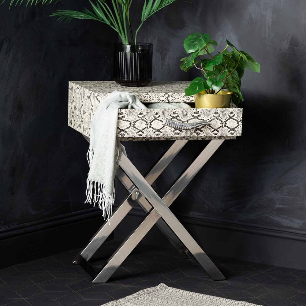 Faux Snake Leather 1 Drawer End Table Black and White-Horn Handle