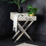 Faux Snake Leather 1 Drawer End Table Black and White-Horn Handle