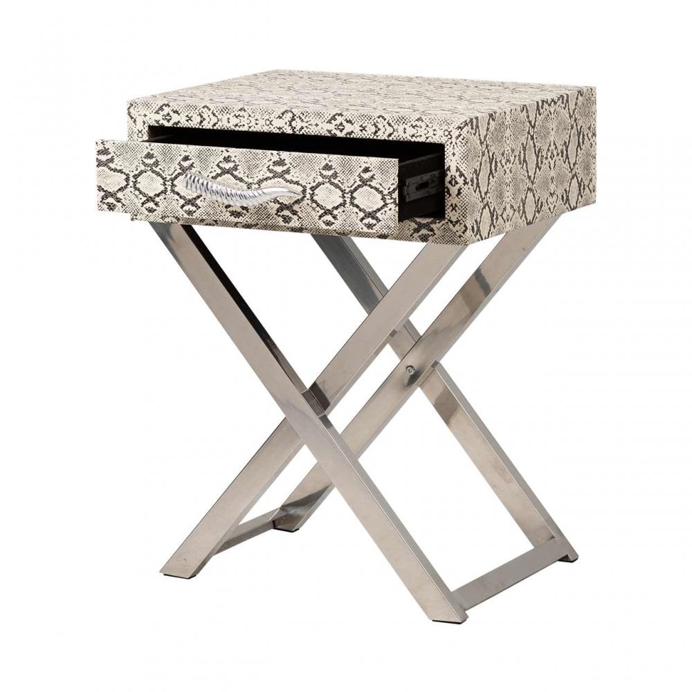 Faux Snake Leather 1 Drawer End Table Black and White-Horn Handle