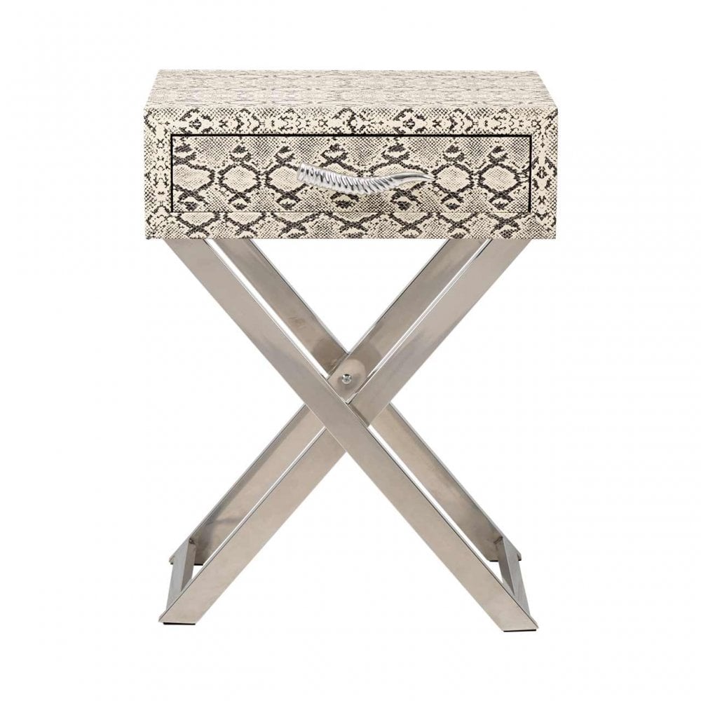 Faux Snake Leather 1 Drawer End Table Black and White-Horn Handle