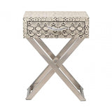 Faux Snake Leather 1 Drawer End Table Black and White-Horn Handle