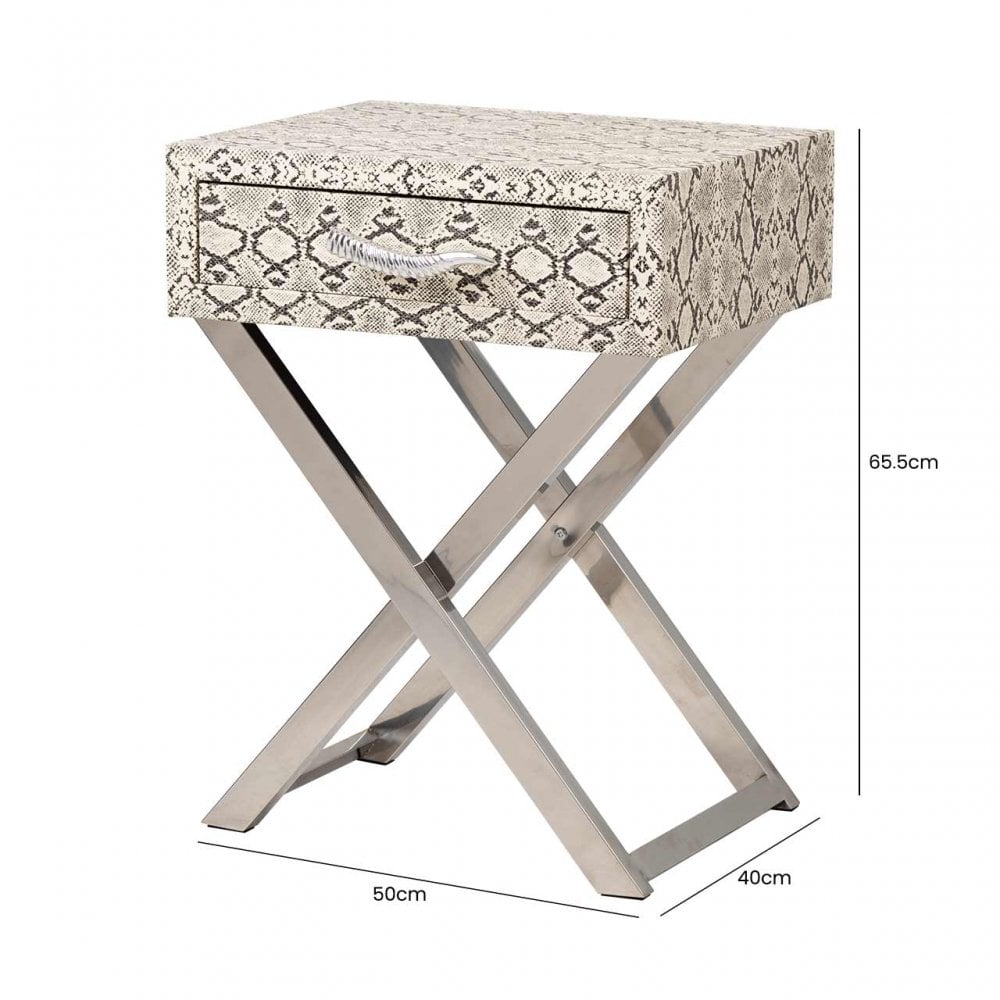 Faux Snake Leather 1 Drawer End Table Black and White-Horn Handle