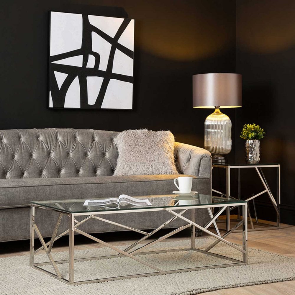 Azaria Stainless Steel Coffee Table Glass Top