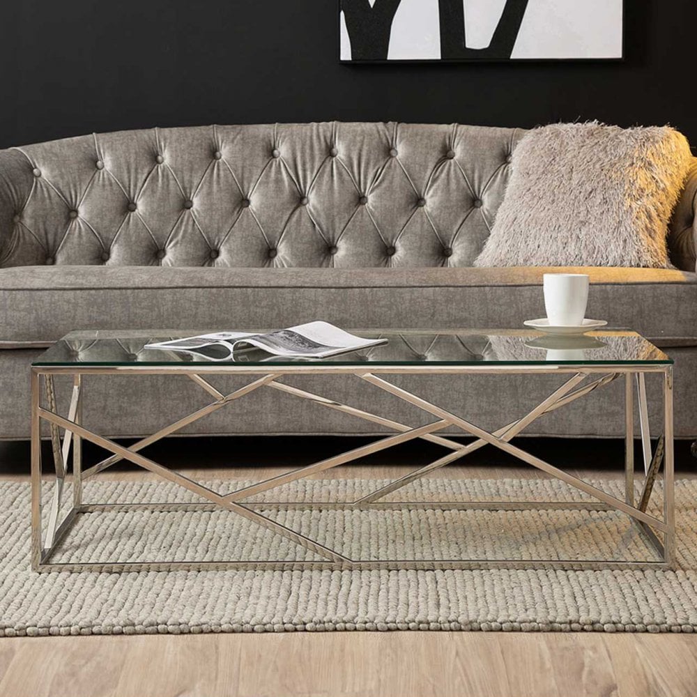 Azaria Stainless Steel Coffee Table Glass Top