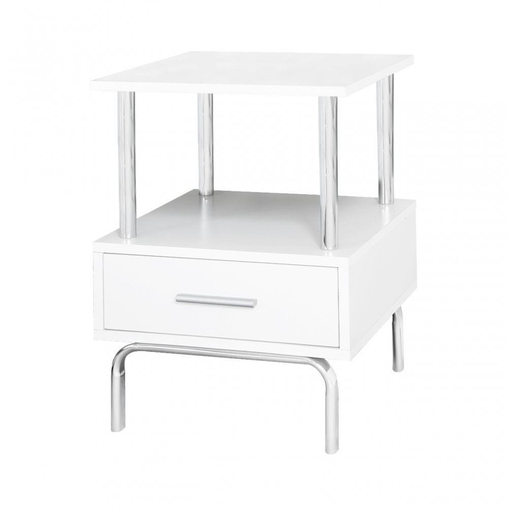 Charlotte 1 Drawer Bedside Cabinet White &amp; Chrome - D