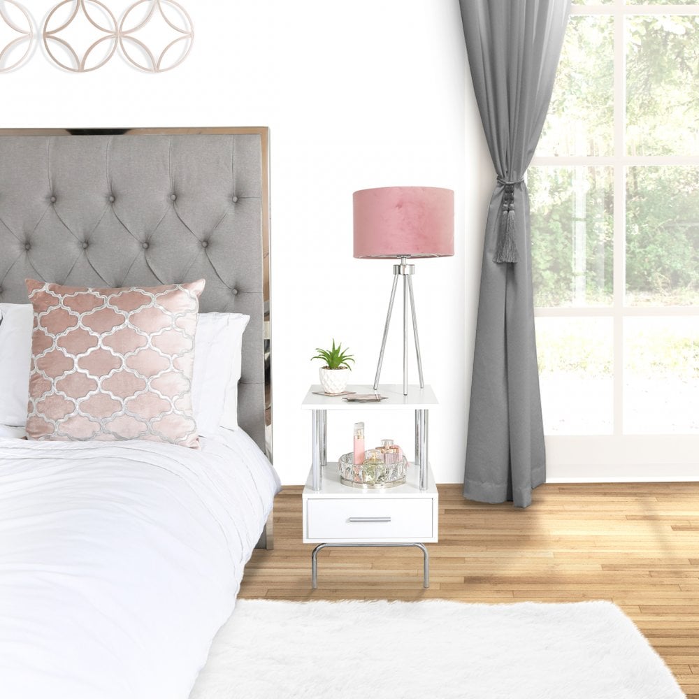 Charlotte 1 Drawer Bedside Cabinet White &amp; Chrome - D