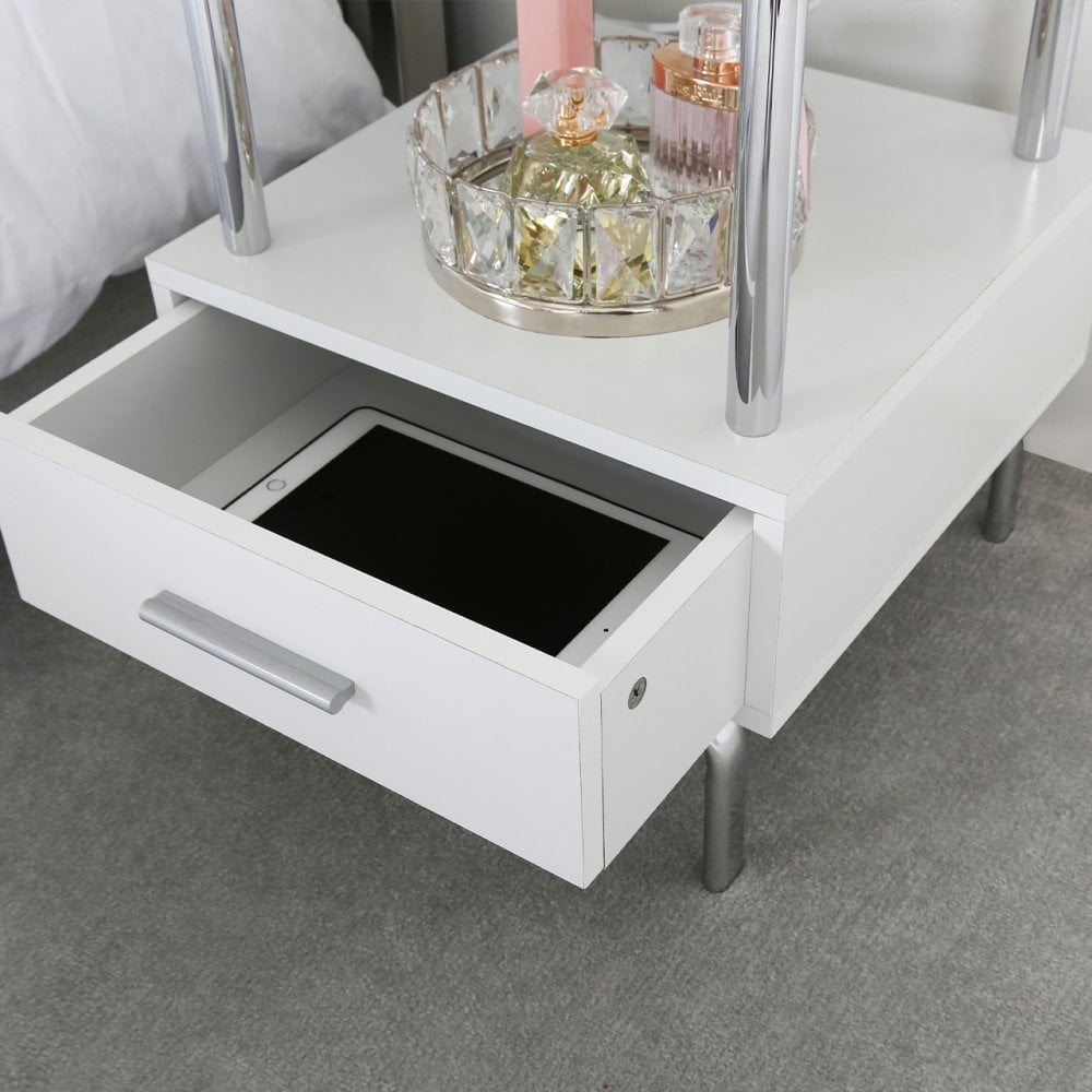 Charlotte 1 Drawer Bedside Cabinet White &amp; Chrome - D