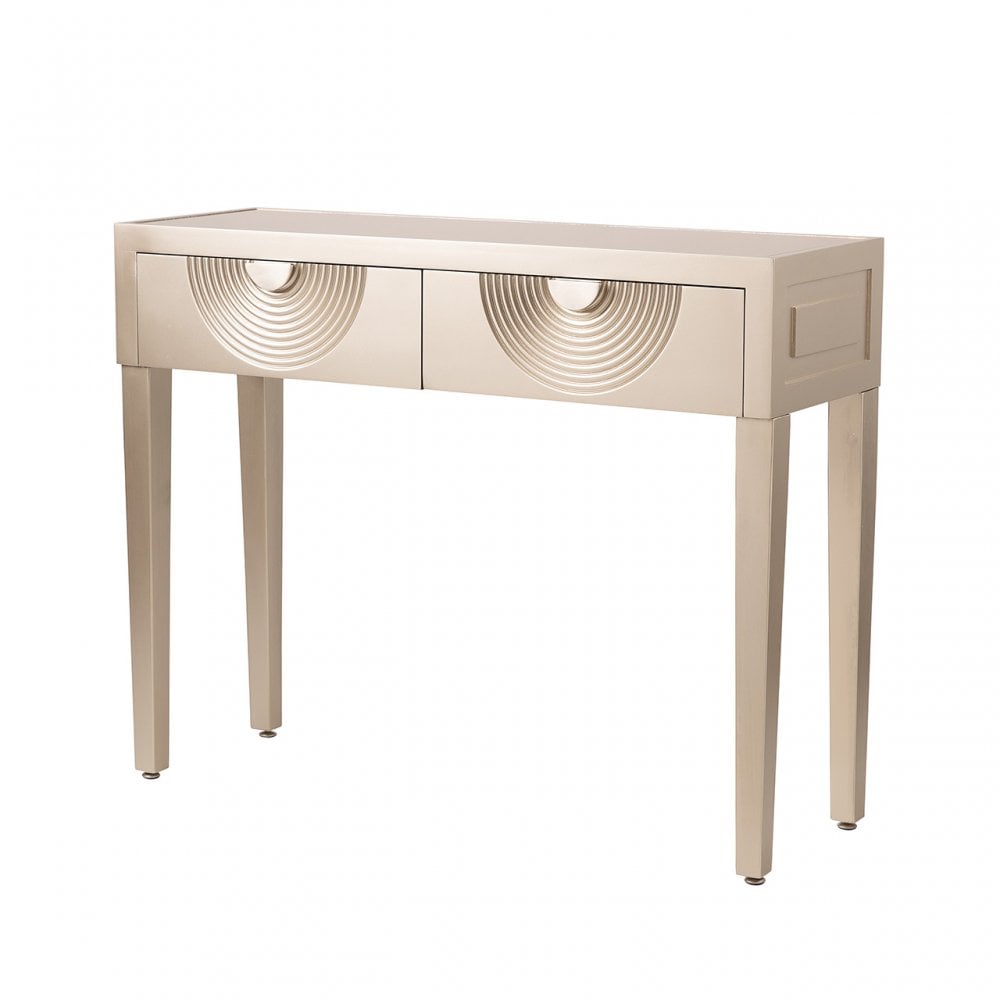 Elon 2 Drawer Console Table Gold with Gold Mirror Top and Silver Handles - KD Legs