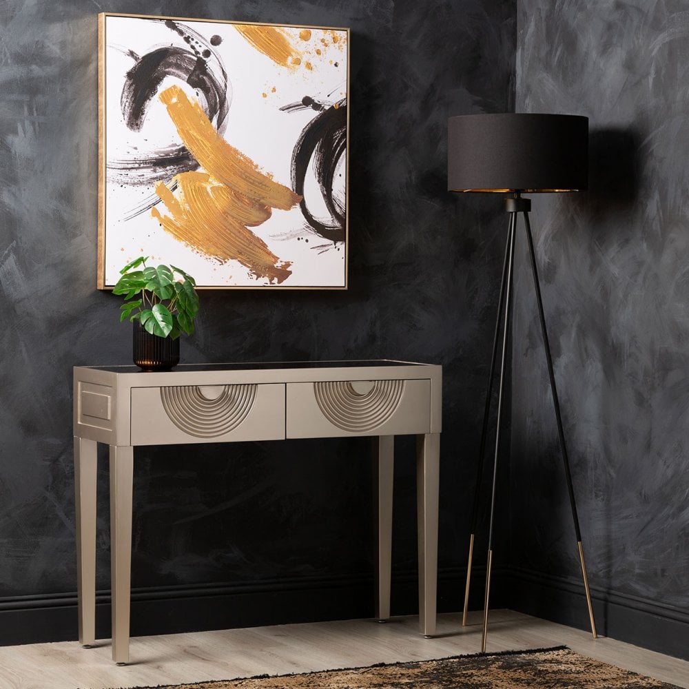 Elon 2 Drawer Console Table Gold with Gold Mirror Top and Silver Handles - KD Legs