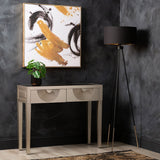 Elon 2 Drawer Console Table Gold with Gold Mirror Top and Silver Handles - KD Legs