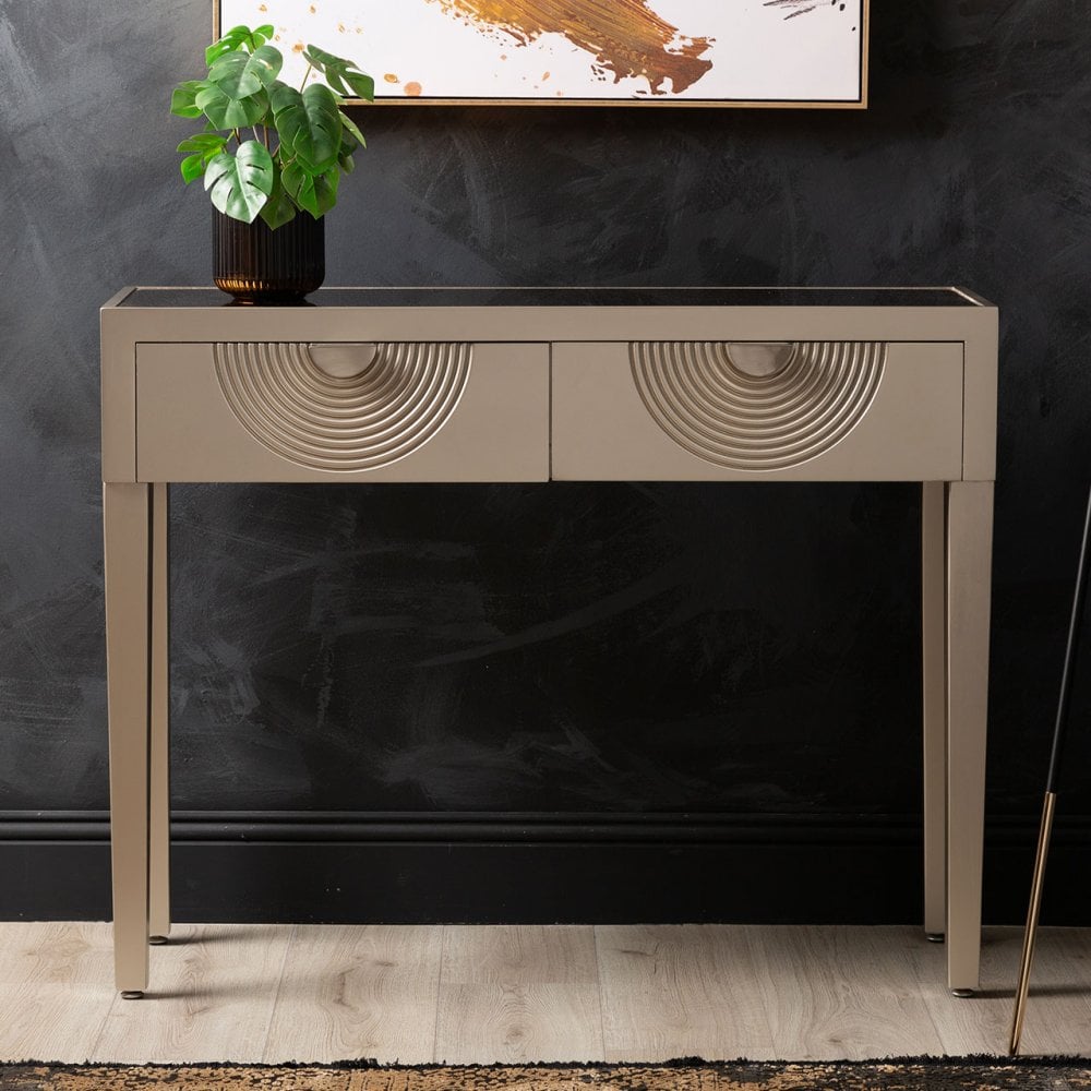Elon 2 Drawer Console Table Gold with Gold Mirror Top and Silver Handles - KD Legs