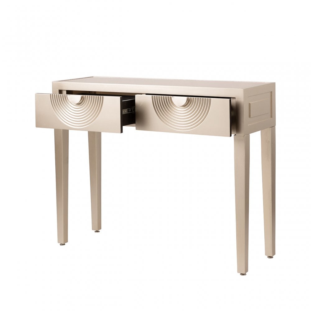 Elon 2 Drawer Console Table Gold with Gold Mirror Top and Silver Handles - KD Legs