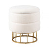 White Boucle Round Storage Stool with Gold Legs - KD