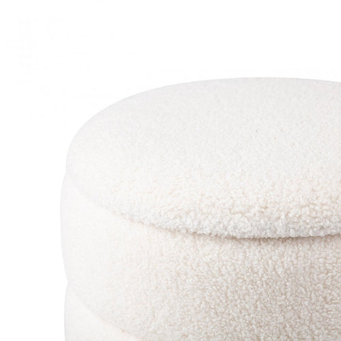 White Boucle Round Storage Stool with Gold Legs - KD