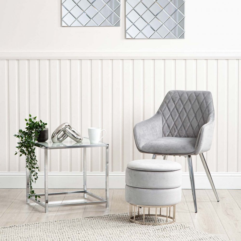 Round Storage Stool Grey Chrome Base