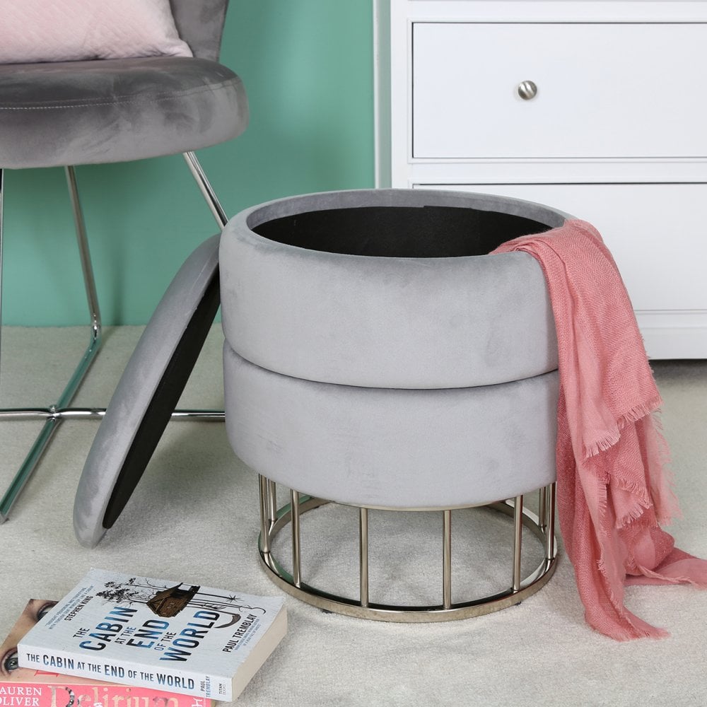 Round Storage Stool Grey Chrome Base