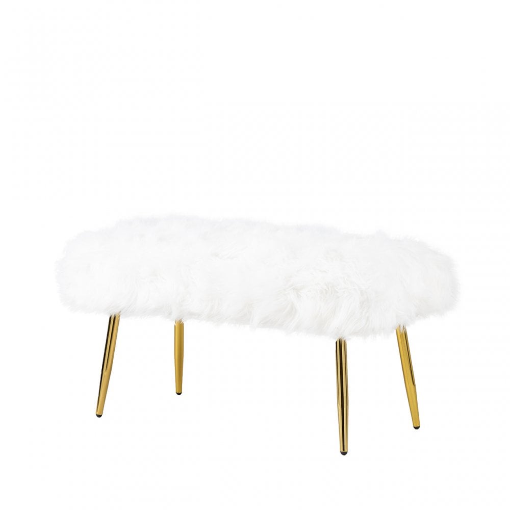 White Faux Fur Bench with Gold Legs - KD