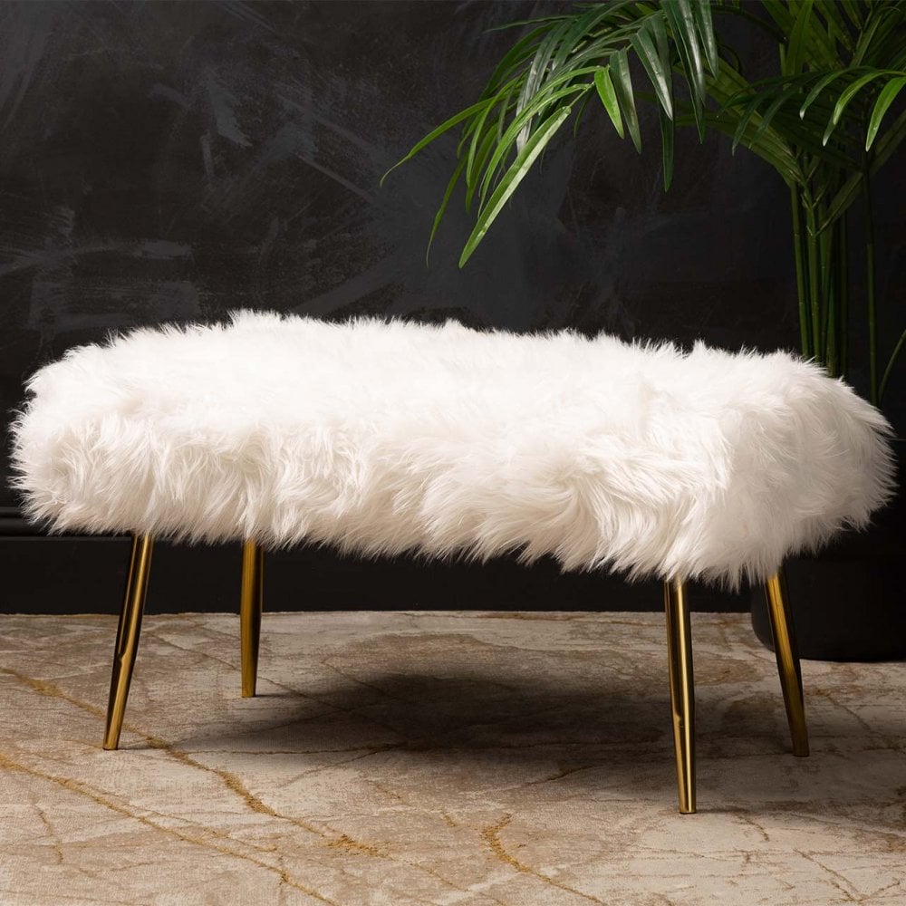 White Faux Fur Bench with Gold Legs - KD