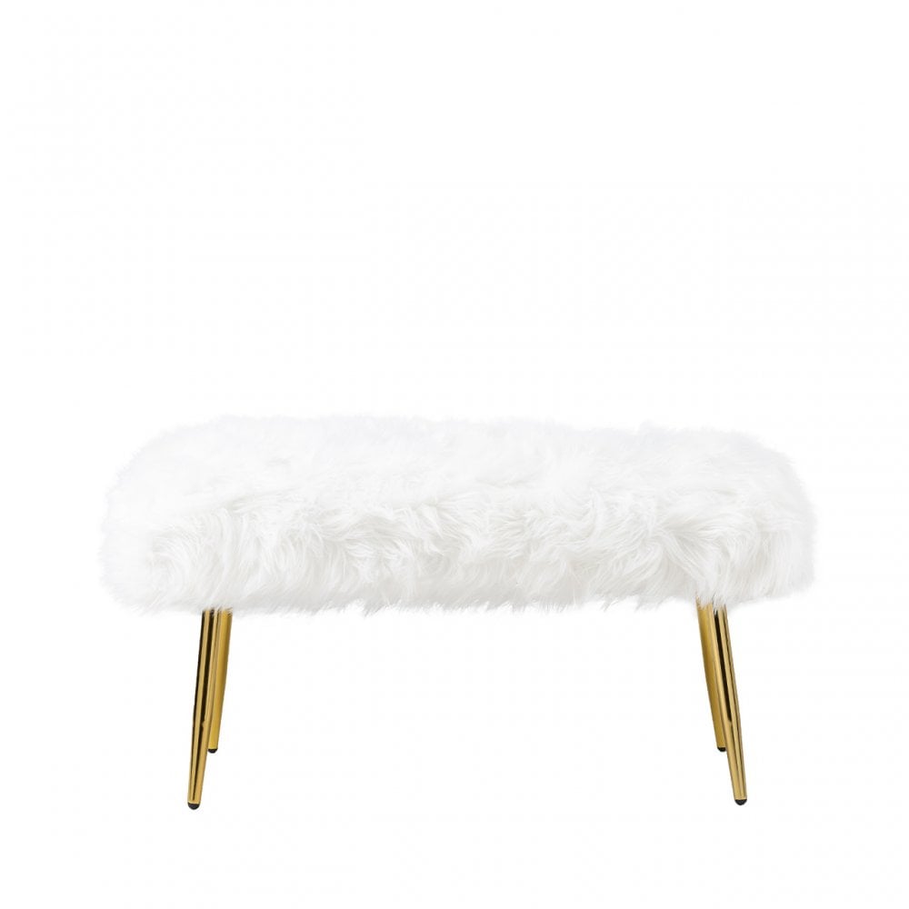 White Faux Fur Bench with Gold Legs - KD