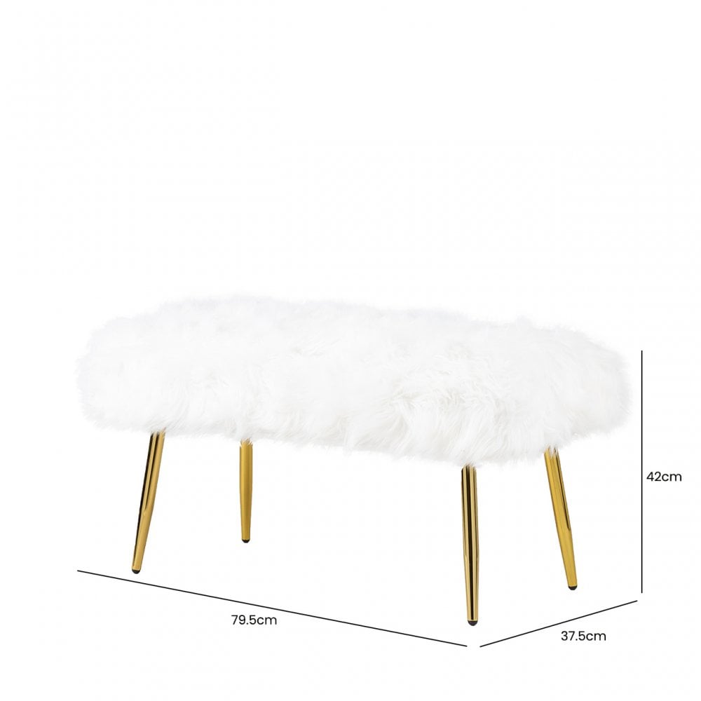 White Faux Fur Bench with Gold Legs - KD