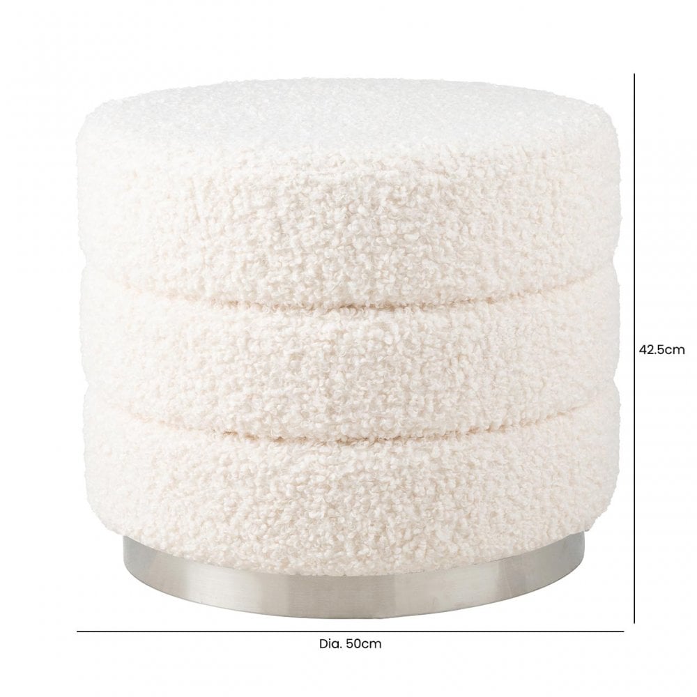 White Boucle Round Ottoman with Chrome Base