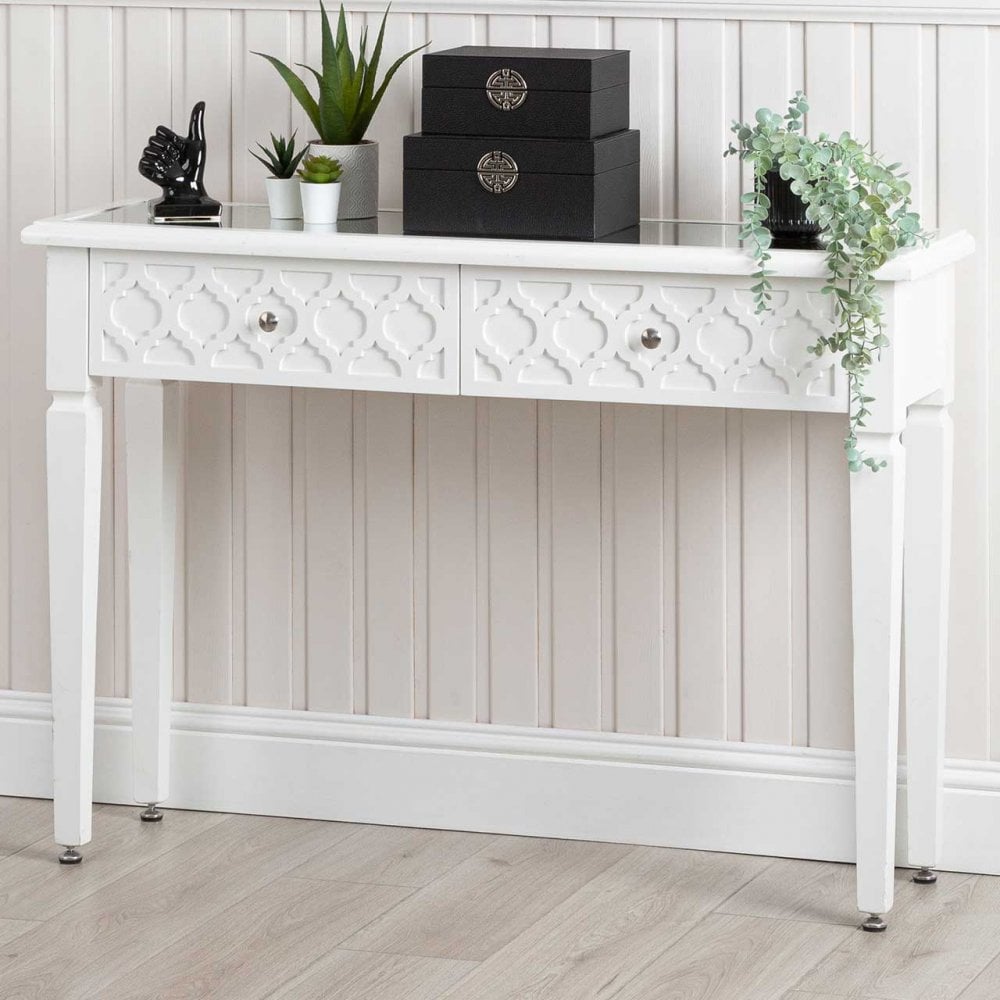 Casablanca 2 Drawer Console Table White Wood Mirror Top