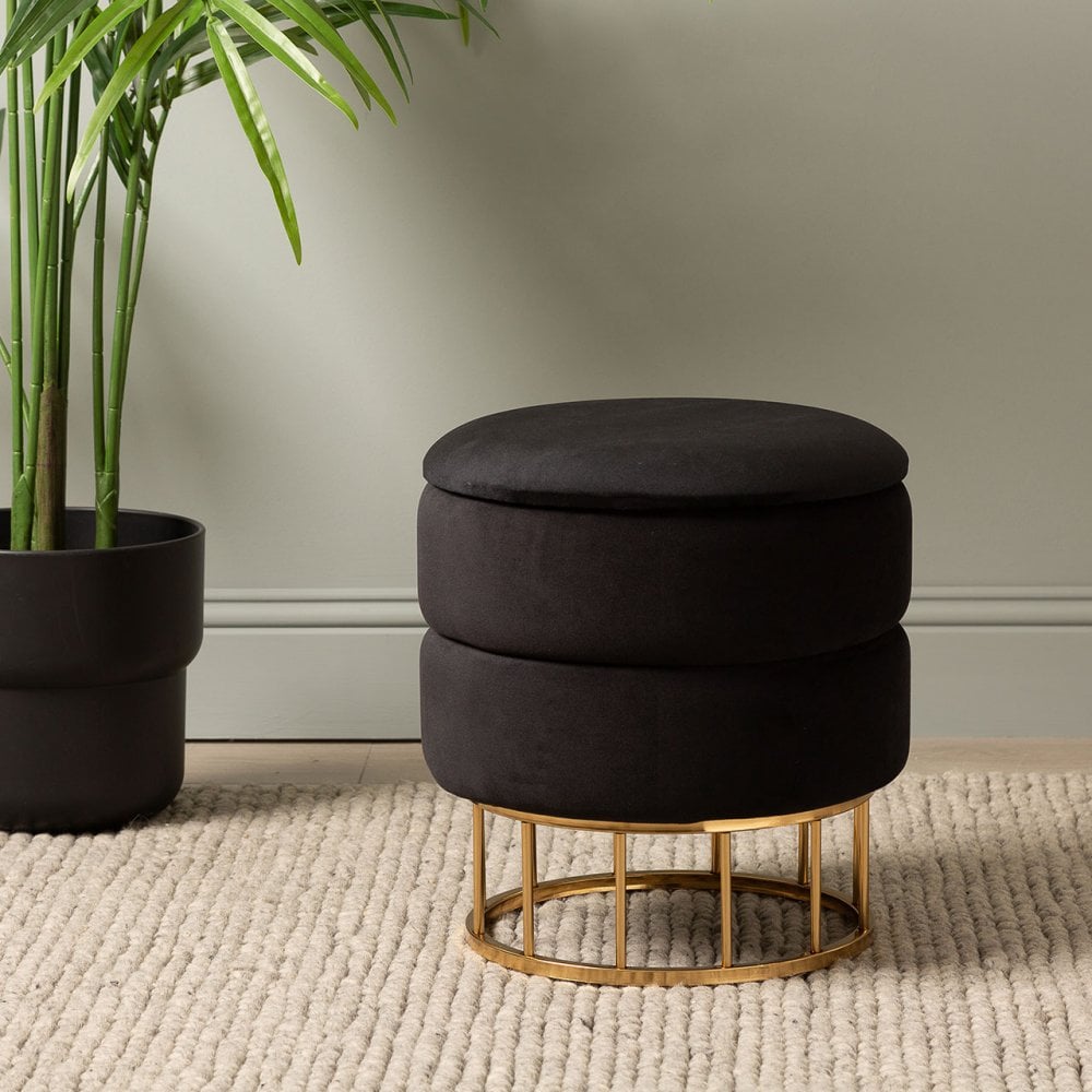 Black Round Storage Stool Gold Base-KD