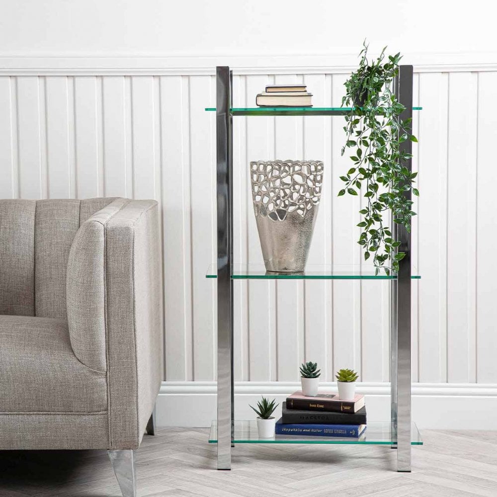 Harry 113cm Chrome and Clear Glass 3 Tier Display Unit - KD