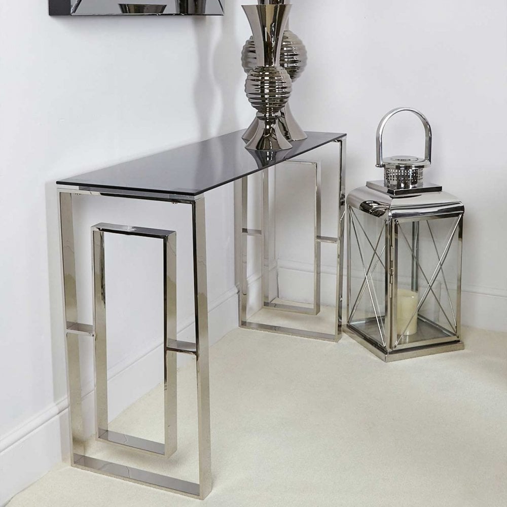 Apex Stainless Steel Console Table Smoked Glass Top