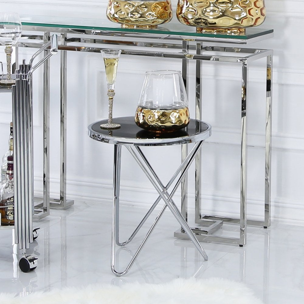 Atom Chrome &amp; Black Glass End Table