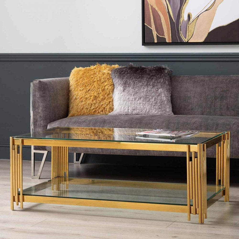 Cohen Gold Steel Tubes &amp; Clear Glass Coffee Table