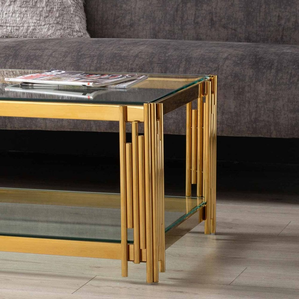 Cohen Gold Steel Tubes &amp; Clear Glass Coffee Table
