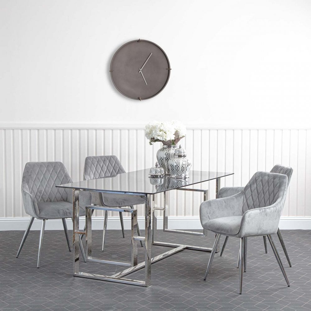 Apex Stainless Steel Dining Table Smoked Glass Top - 2 Parts