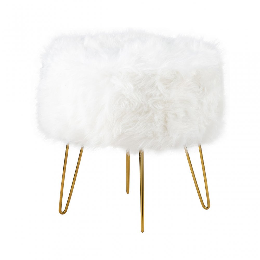 White Faux Fur Stool Ottoman with Gold Legs - KD