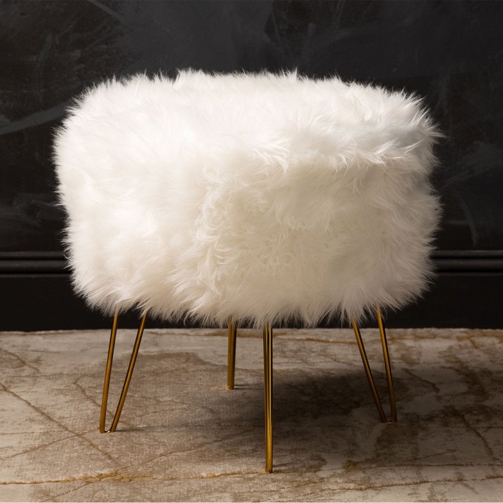 White Faux Fur Stool Ottoman with Gold Legs - KD
