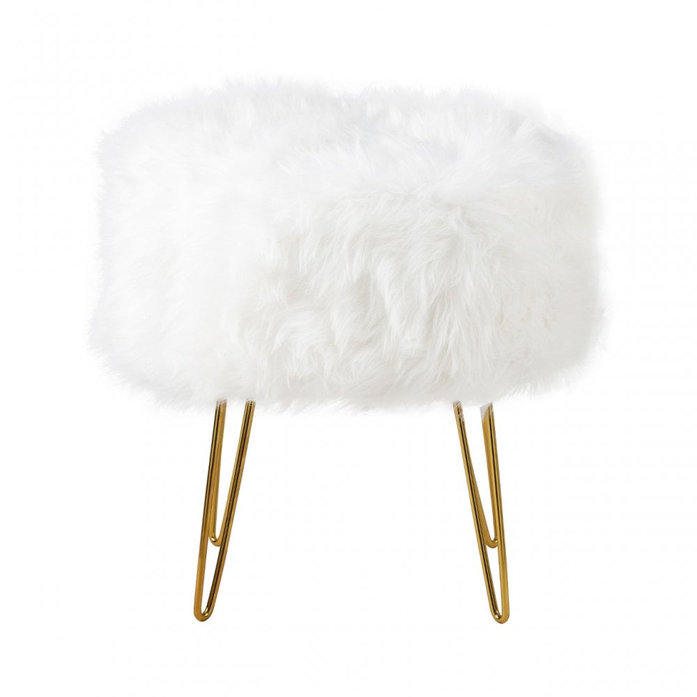 White Faux Fur Stool Ottoman with Gold Legs - KD